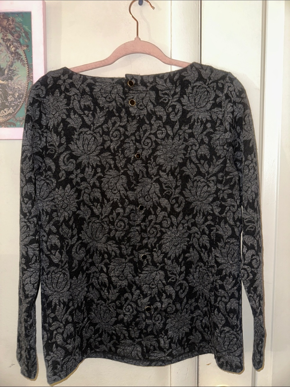 NWT Talbots Buttoned Back Black & Gray Floral Jacquard Long-Sleeve Top